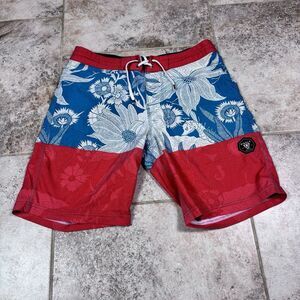 Vissla Mens Board Shorts 32 Orange Blue Floral Swim Trunks Surf Pockets